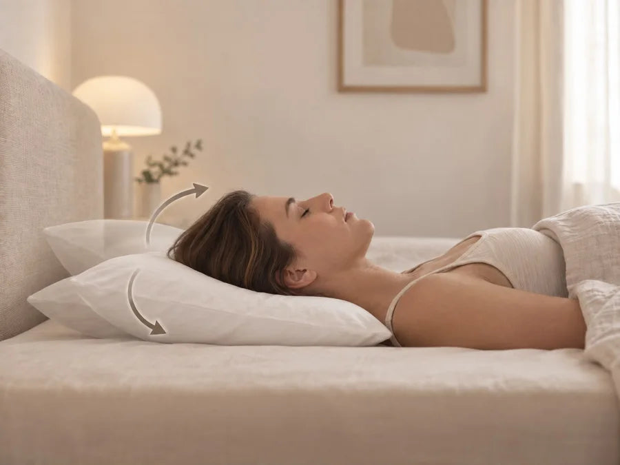 Mujer acostada con flechas que indican cómo recoloca la almohada