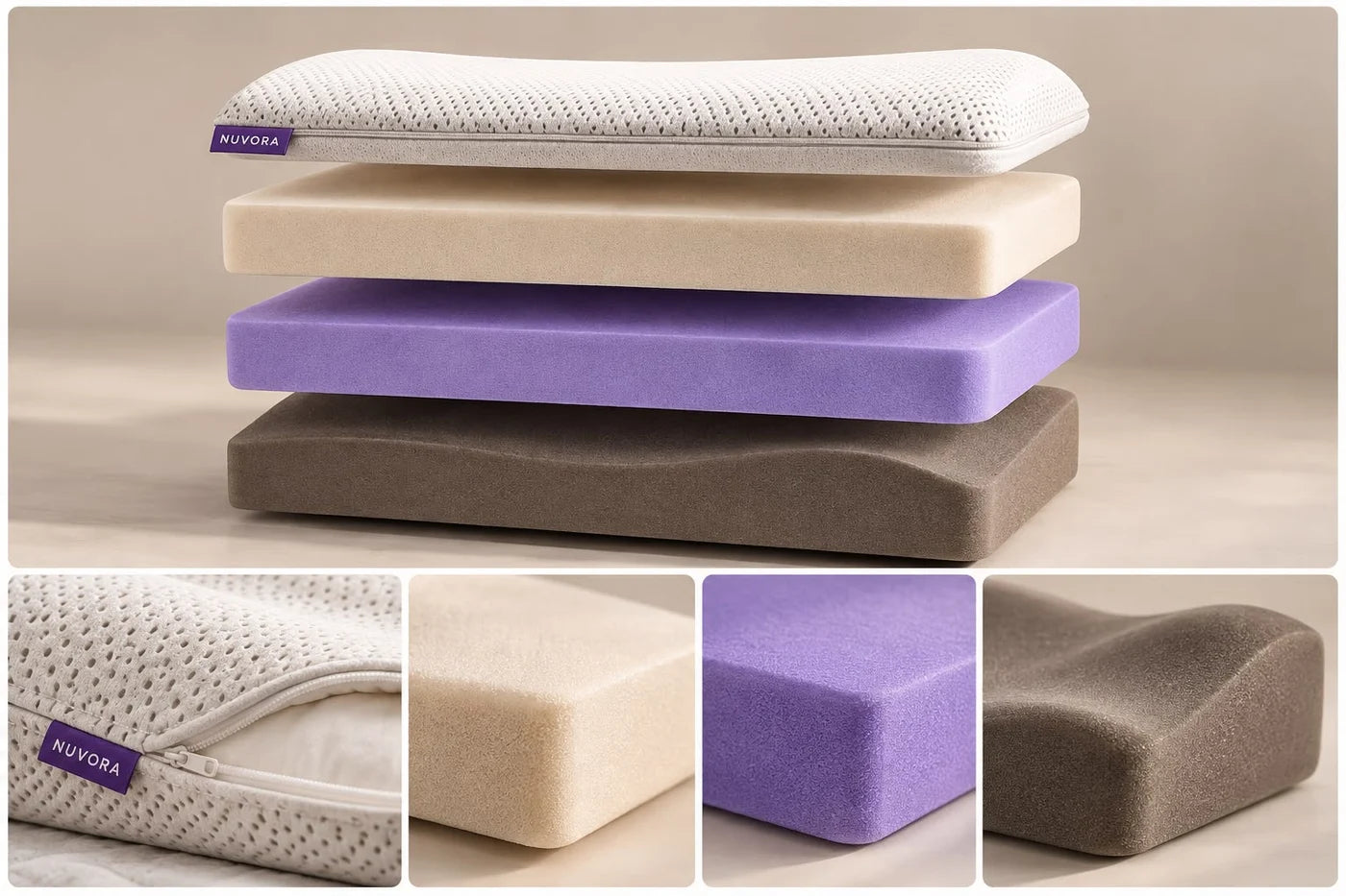 Capas de la almohada NUVIA: funda extraíble, capa de confort, núcleo de soporte y base con contorno